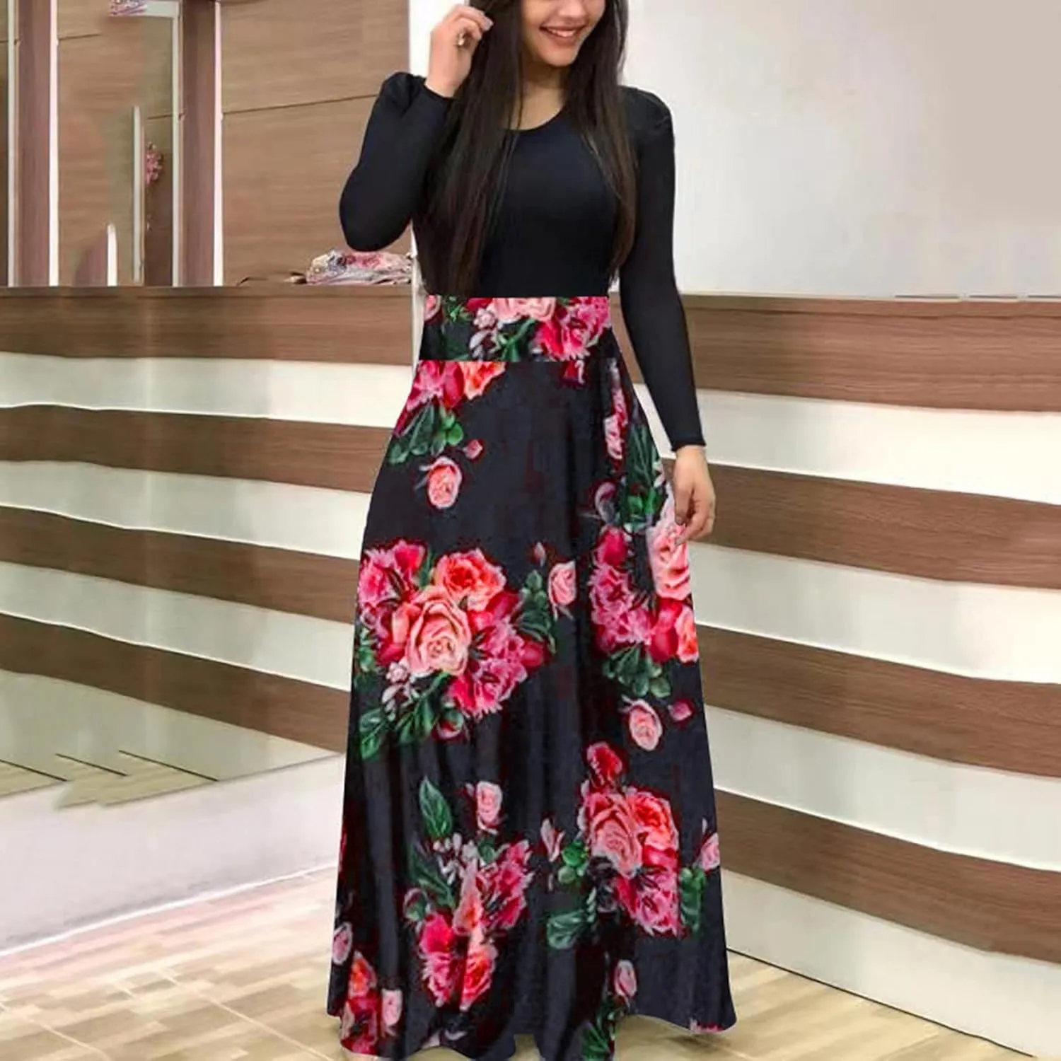 Women's Casual Dresses Floral Print Crewneck Maxi Dresses Long Sleeve Fall Dress