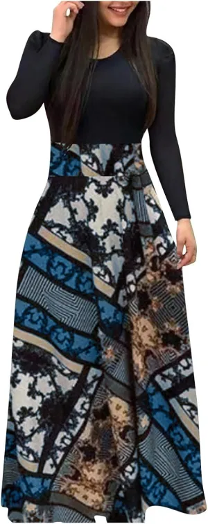 Women's Casual Dresses Floral Print Crewneck Maxi Dresses Long Sleeve Fall Dress