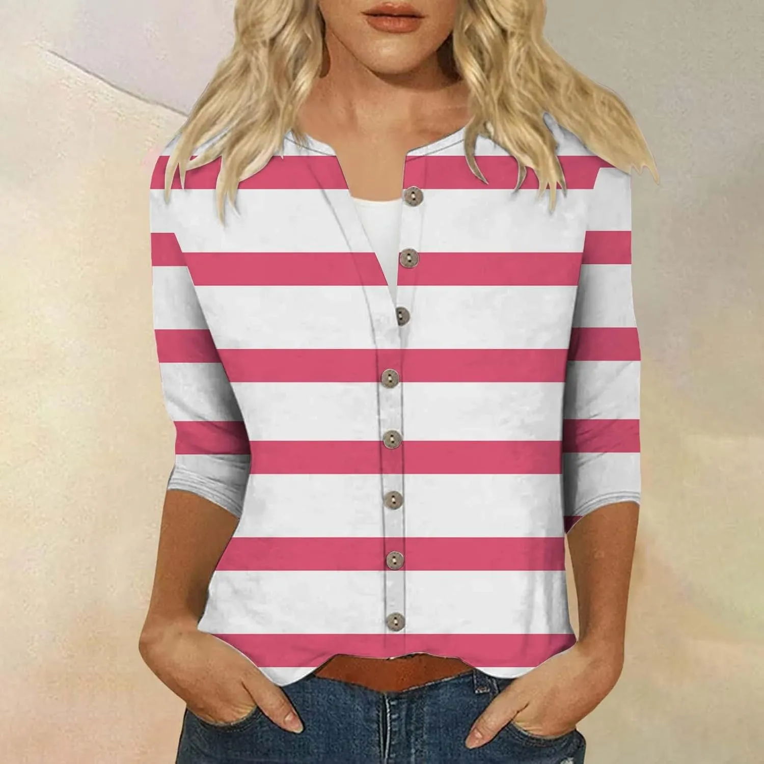 Women's Casual V-Neck 3/4 Sleeve Button Down Floral Print Blouse Top for Spring and Summer Fashion Outfit 2025 Fashion