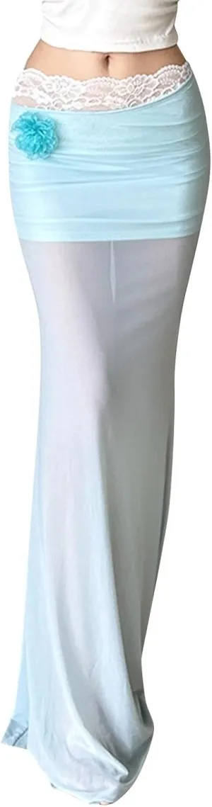 Women's Chiffon Skirts 3D Flower Elastic High Waist A-line Ruffle Bodycon Skirts Sheer Club Party Beach Outfits