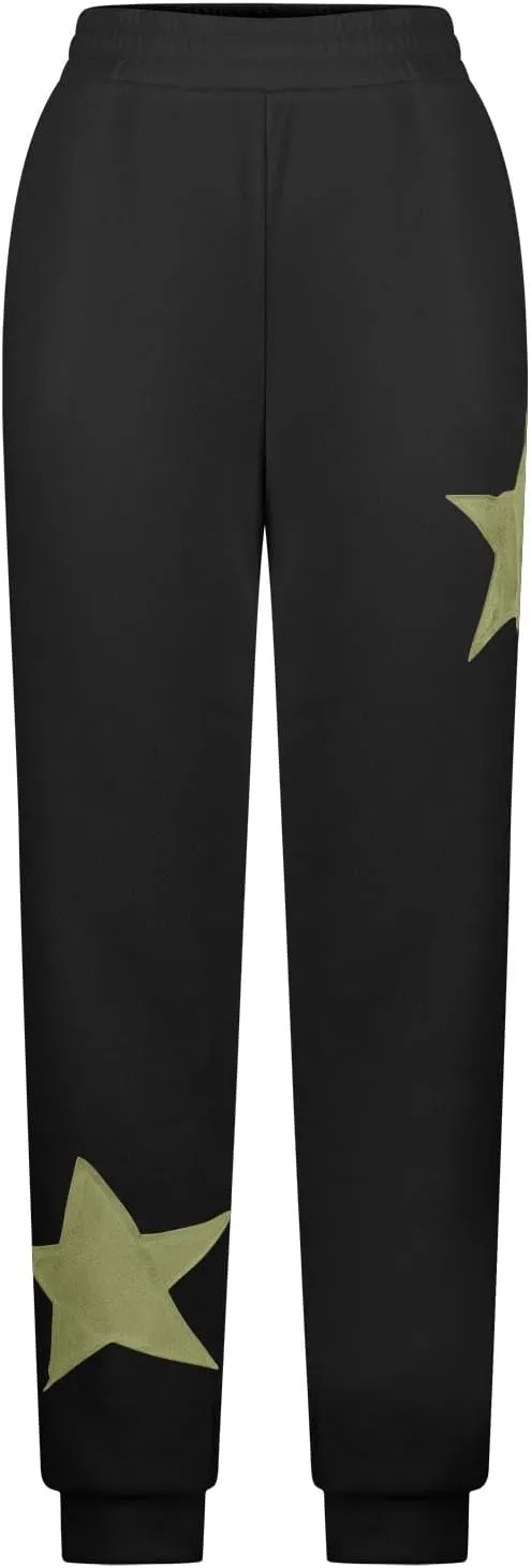 Womens Cinch Bottom Sweatpants Stars Print High Waisted Athletic Joggers Fleece Lined Lounge Trousers Winter Outfits