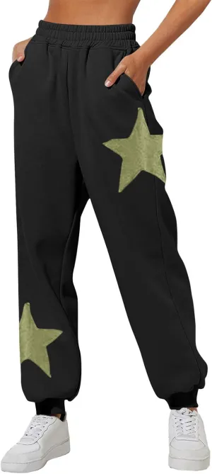 Womens Cinch Bottom Sweatpants Stars Print High Waisted Athletic Joggers Fleece Lined Lounge Trousers Winter Outfits
