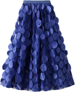 Women's Circular Applique Mesh Long Skirts Summer Korean High Waist A-Line Skirts