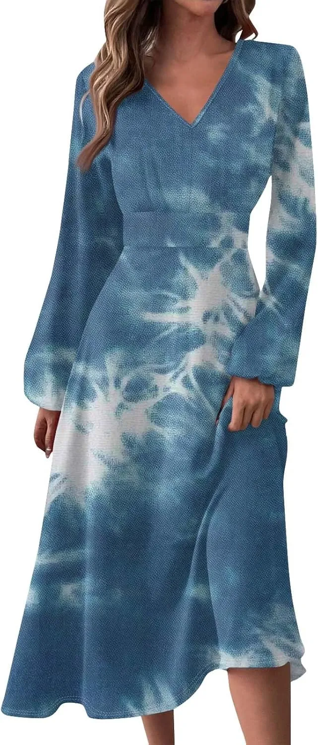 Womens Classy Gradient Long Sleeve Dresses Trendy Comfy V-Neck Spring Long Dress
