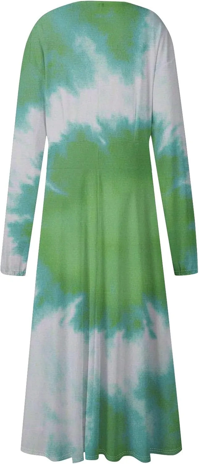 Womens Classy Gradient Long Sleeve Dresses Trendy Comfy V-Neck Spring Long Dress