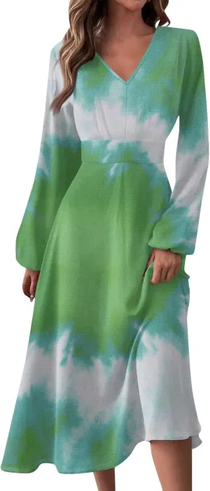 Womens Classy Gradient Long Sleeve Dresses Trendy Comfy V-Neck Spring Long Dress