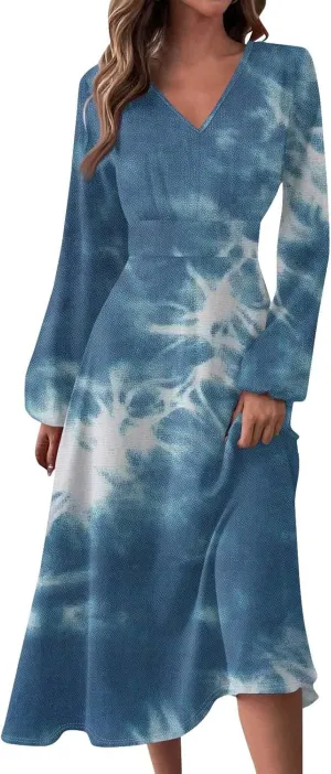 Womens Classy Gradient Long Sleeve Dresses Trendy Comfy V-Neck Spring Long Dress