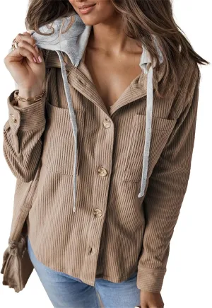 Women's Corduroy Hooded Shirt Jacket Fall Oversized Hoodie Shacket Lightweight Utility Cargo Anorak Safari Coats