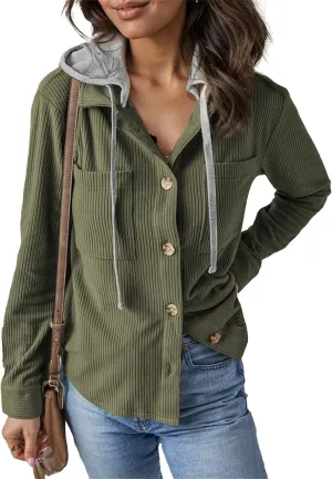 Women's Corduroy Hooded Shirt Jacket Fall Oversized Hoodie Shacket Lightweight Utility Cargo Anorak Safari Coats