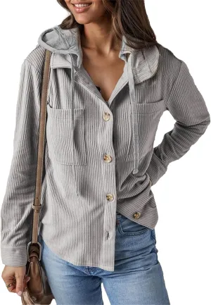 Women's Corduroy Hooded Shirt Jacket Fall Oversized Hoodie Shacket Lightweight Utility Cargo Anorak Safari Coats
