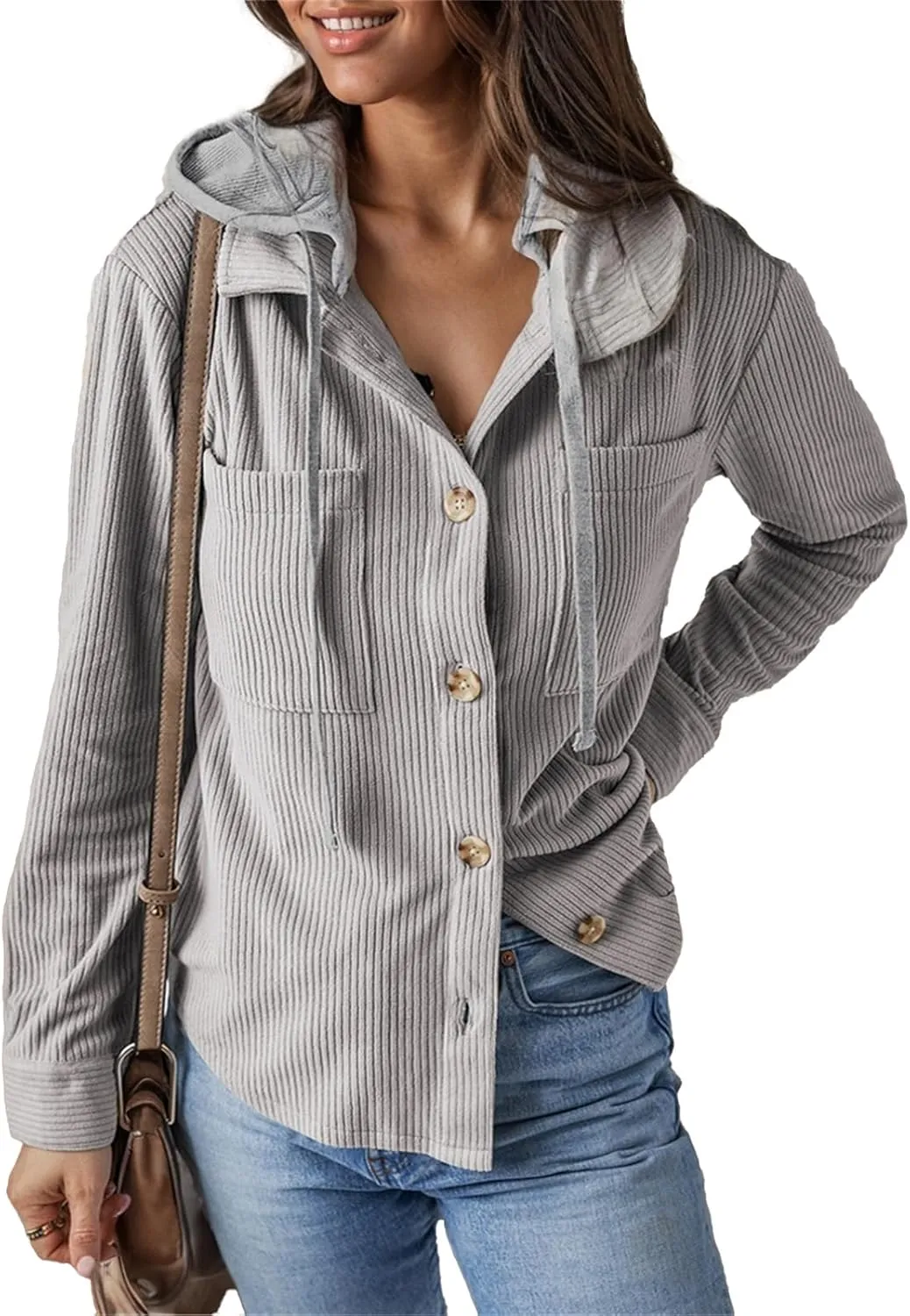 Women's Corduroy Hooded Shirt Jacket Fall Oversized Hoodie Shacket Lightweight Utility Cargo Anorak Safari Coats