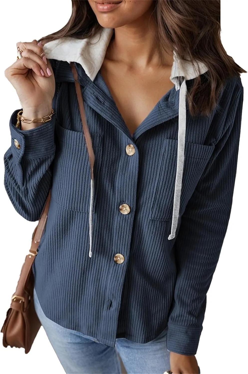 Women's Corduroy Hooded Shirt Jacket Fall Oversized Hoodie Shacket Lightweight Utility Cargo Anorak Safari Coats