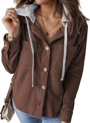 Women's Corduroy Hooded Shirt Jacket Fall Oversized Hoodie Shacket Lightweight Utility Cargo Anorak Safari Coats