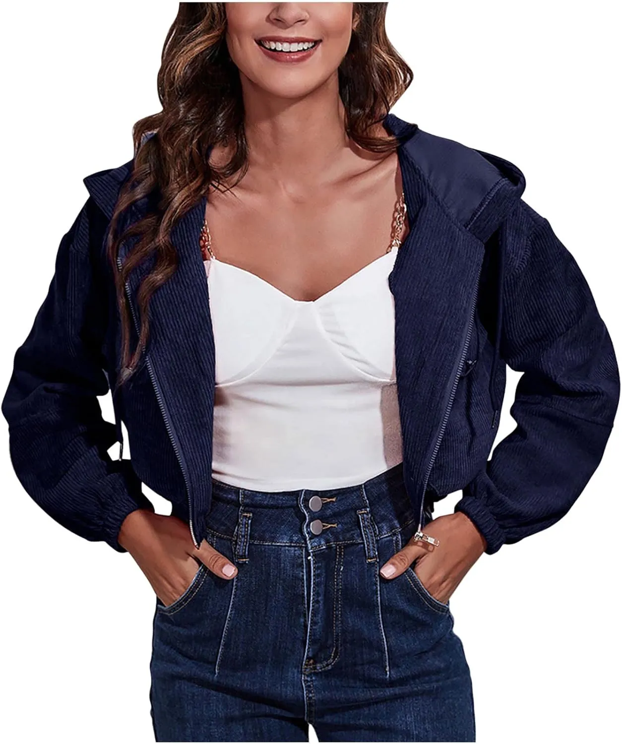 Women's Corduroy Jackets Cropped Hoodie Casual Workout Long Sleeve Crop Tops Zip Up Hoodies Sweatshirts w Pockets