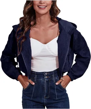 Women's Corduroy Jackets Cropped Hoodie Casual Workout Long Sleeve Crop Tops Zip Up Hoodies Sweatshirts w Pockets