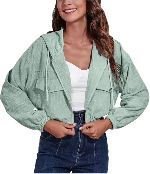 Women's Corduroy Jackets Cropped Hoodie Casual Workout Long Sleeve Crop Tops Zip Up Hoodies Sweatshirts w Pockets