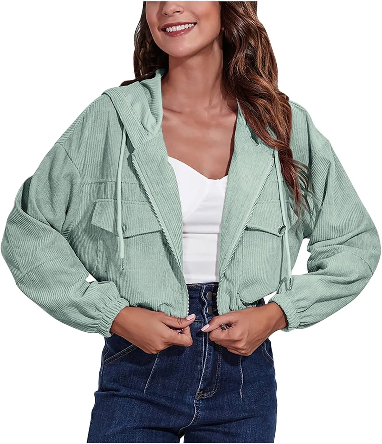 Women's Corduroy Jackets Cropped Hoodie Casual Workout Long Sleeve Crop Tops Zip Up Hoodies Sweatshirts w Pockets