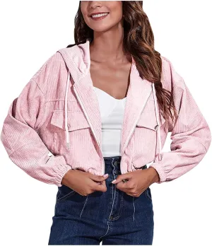 Women's Corduroy Jackets Cropped Hoodie Casual Workout Long Sleeve Crop Tops Zip Up Hoodies Sweatshirts w Pockets