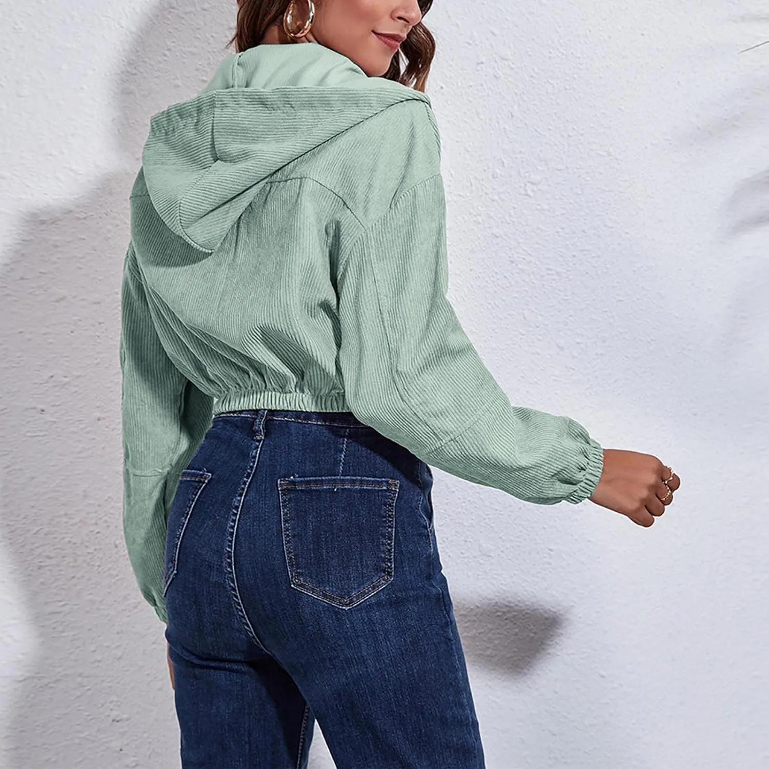 Women's Corduroy Jackets Cropped Hoodie Casual Workout Long Sleeve Crop Tops Zip Up Hoodies Sweatshirts w Pockets
