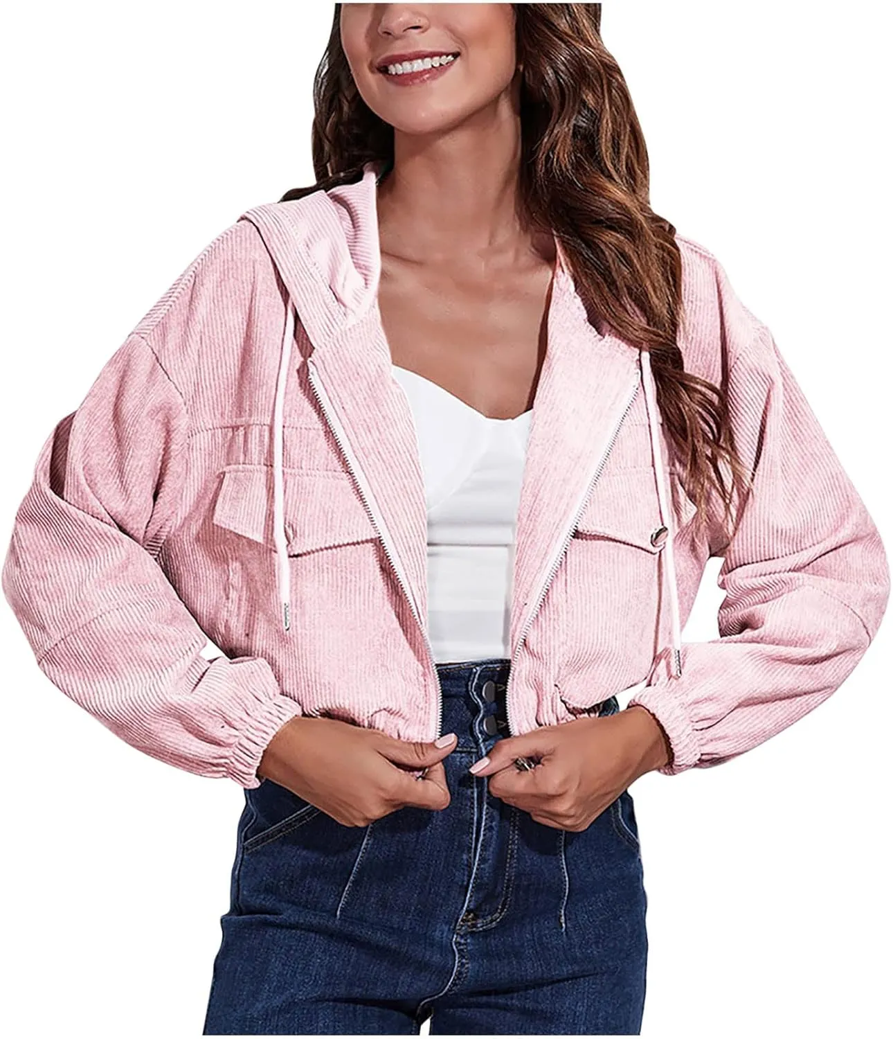 Women's Corduroy Jackets Cropped Hoodie Casual Workout Long Sleeve Crop Tops Zip Up Hoodies Sweatshirts w Pockets