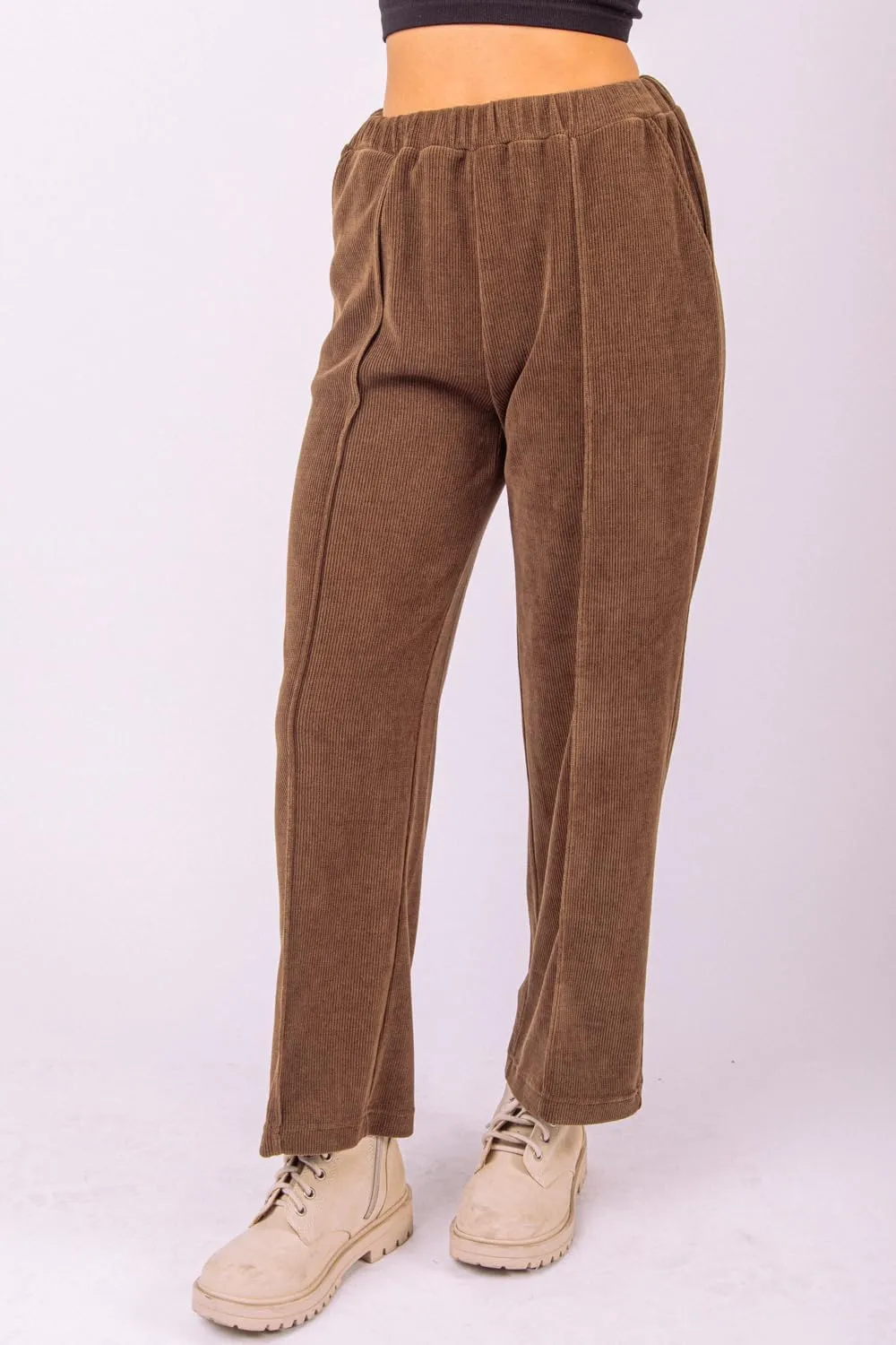 Women's Corduroy Wide-Leg Pants – High-Waisted Pintuck Straight-Leg Trousers with Elastic Waist & Side Pockets