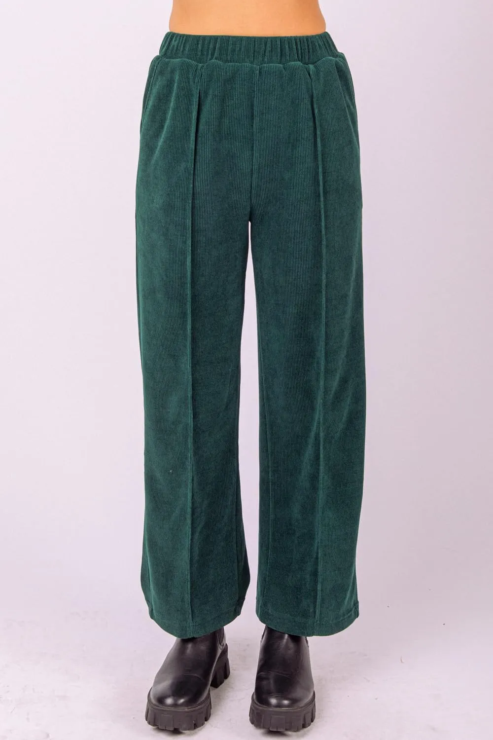 Women's Corduroy Wide-Leg Pants – High-Waisted Pintuck Straight-Leg Trousers with Elastic Waist & Side Pockets