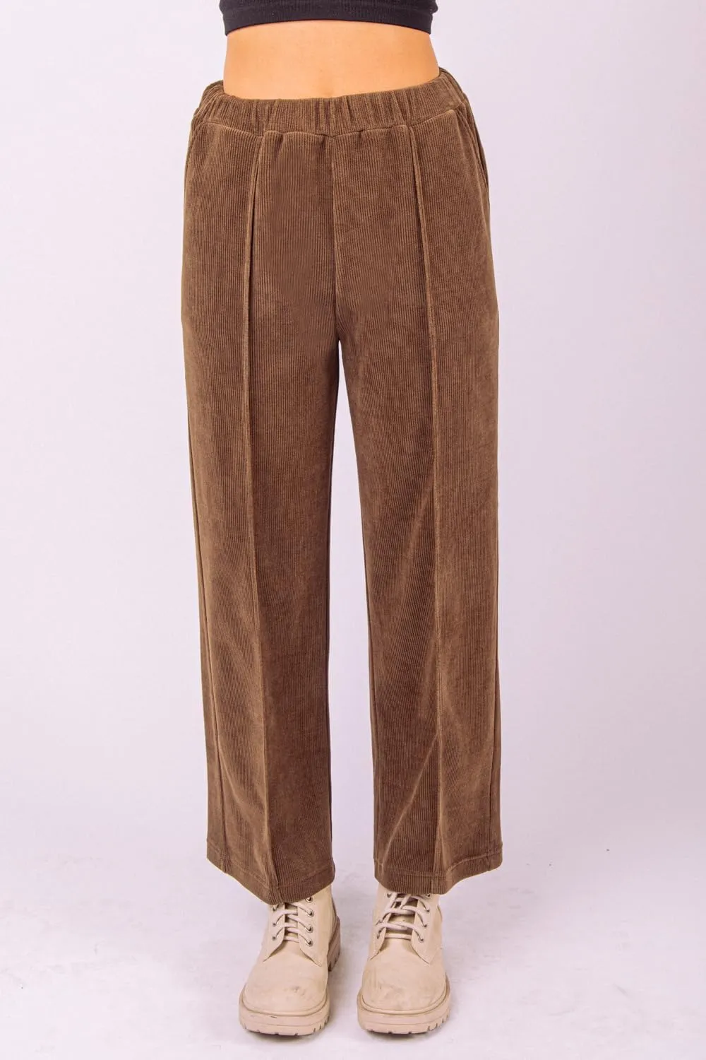 Women's Corduroy Wide-Leg Pants – High-Waisted Pintuck Straight-Leg Trousers with Elastic Waist & Side Pockets