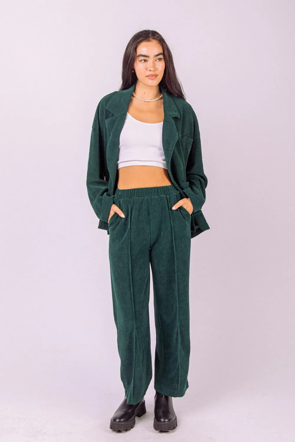Women's Corduroy Wide-Leg Pants – High-Waisted Pintuck Straight-Leg Trousers with Elastic Waist & Side Pockets