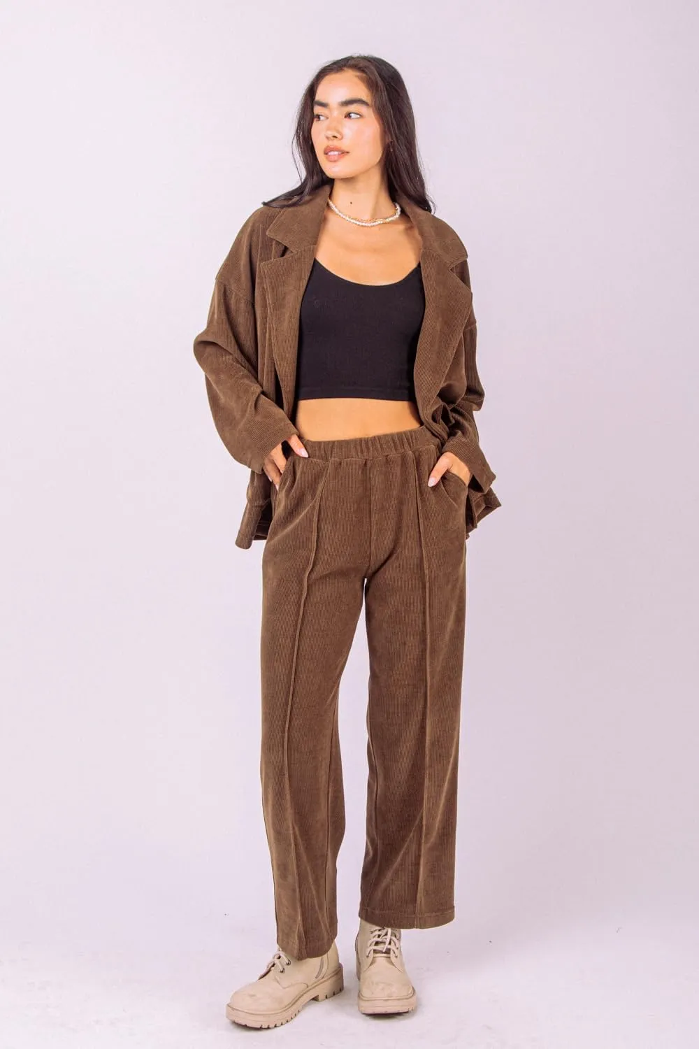 Women's Corduroy Wide-Leg Pants – High-Waisted Pintuck Straight-Leg Trousers with Elastic Waist & Side Pockets