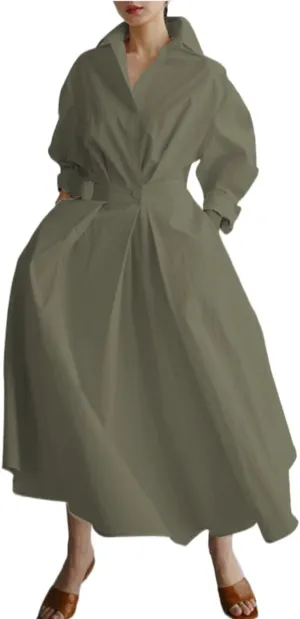 Womens Cotton Button Down Maxi Tshirt Dress Ladies Collared Lapel Long Sleeve Dresses