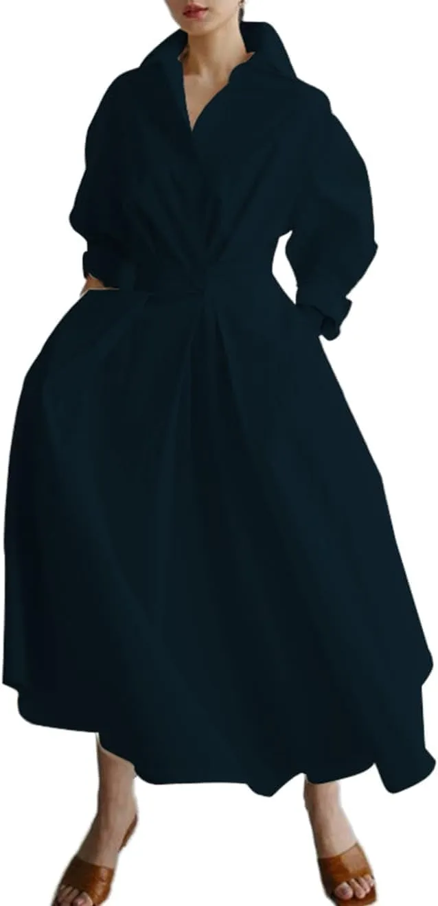 Womens Cotton Button Down Maxi Tshirt Dress Ladies Collared Lapel Long Sleeve Dresses