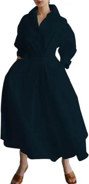 Womens Cotton Button Down Maxi Tshirt Dress Ladies Collared Lapel Long Sleeve Dresses
