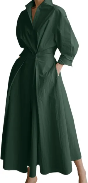 Womens Cotton Button Down Maxi Tshirt Dress Ladies Collared Lapel Long Sleeve Dresses