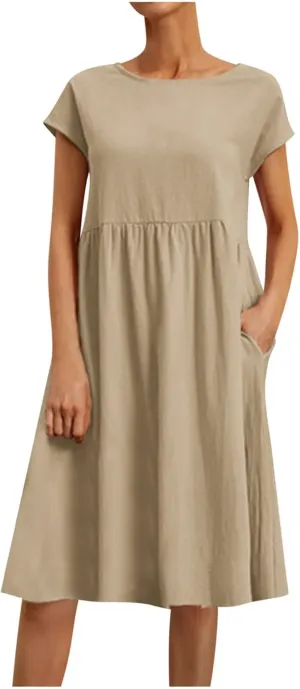 Women's Cotton Linen Dress Solid Color Crew Neck Short Sleeve Dresses Summer Beach Casual Fashion 2025 Midi Dress