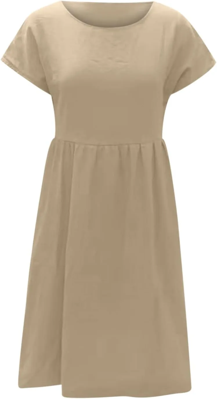 Women's Cotton Linen Dress Solid Color Crew Neck Short Sleeve Dresses Summer Beach Casual Fashion 2025 Midi Dress