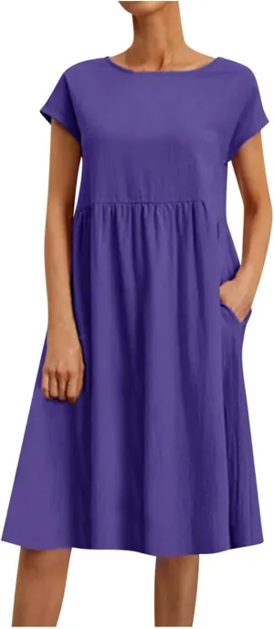 Women's Cotton Linen Dress Solid Color Crew Neck Short Sleeve Dresses Summer Beach Casual Fashion 2025 Midi Dress