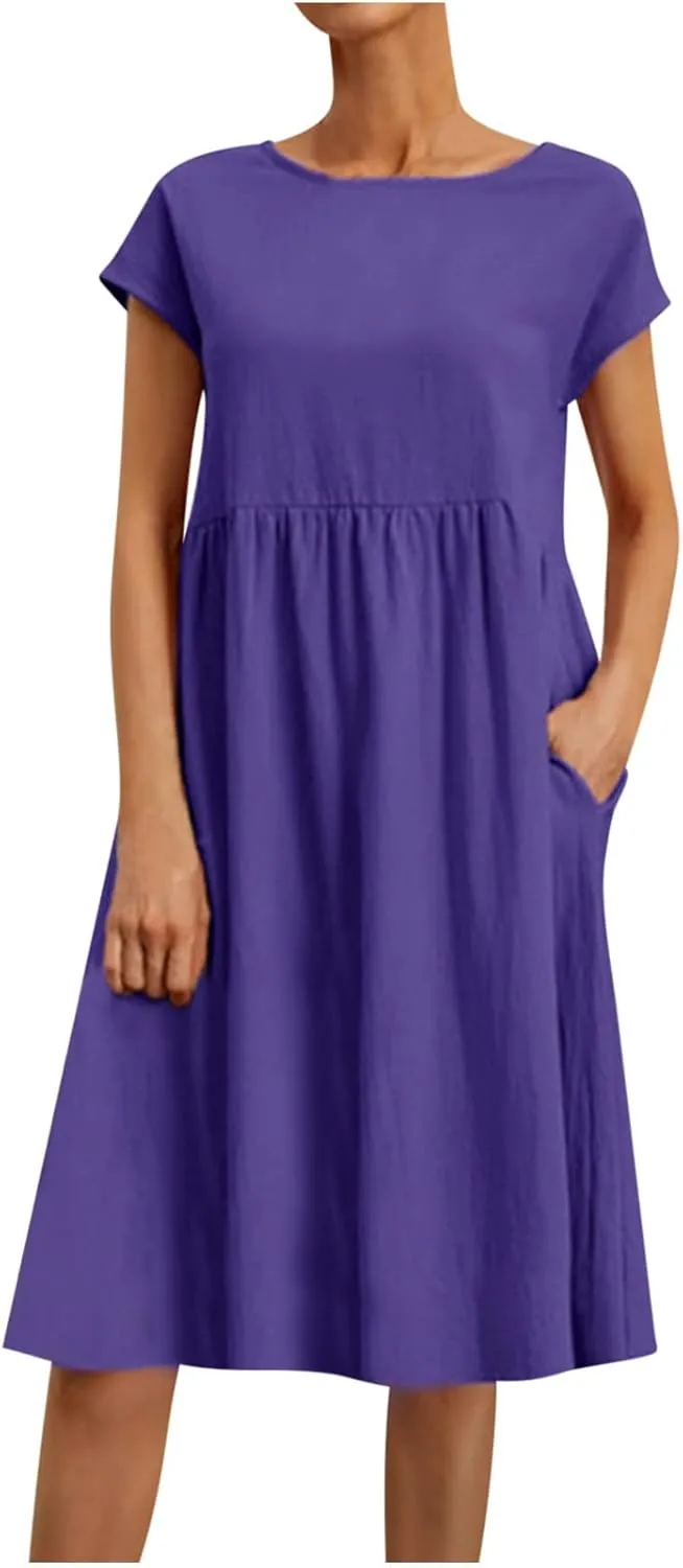 Women's Cotton Linen Dress Solid Color Crew Neck Short Sleeve Dresses Summer Beach Casual Fashion 2025 Midi Dress