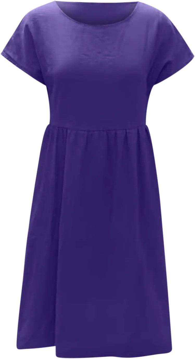 Women's Cotton Linen Dress Solid Color Crew Neck Short Sleeve Dresses Summer Beach Casual Fashion 2025 Midi Dress
