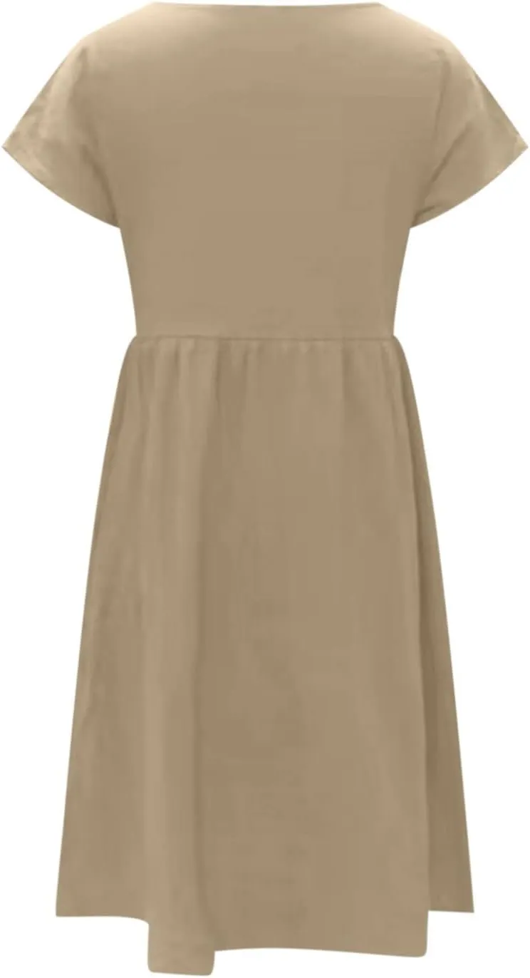 Women's Cotton Linen Dress Solid Color Crew Neck Short Sleeve Dresses Summer Beach Casual Fashion 2025 Midi Dress