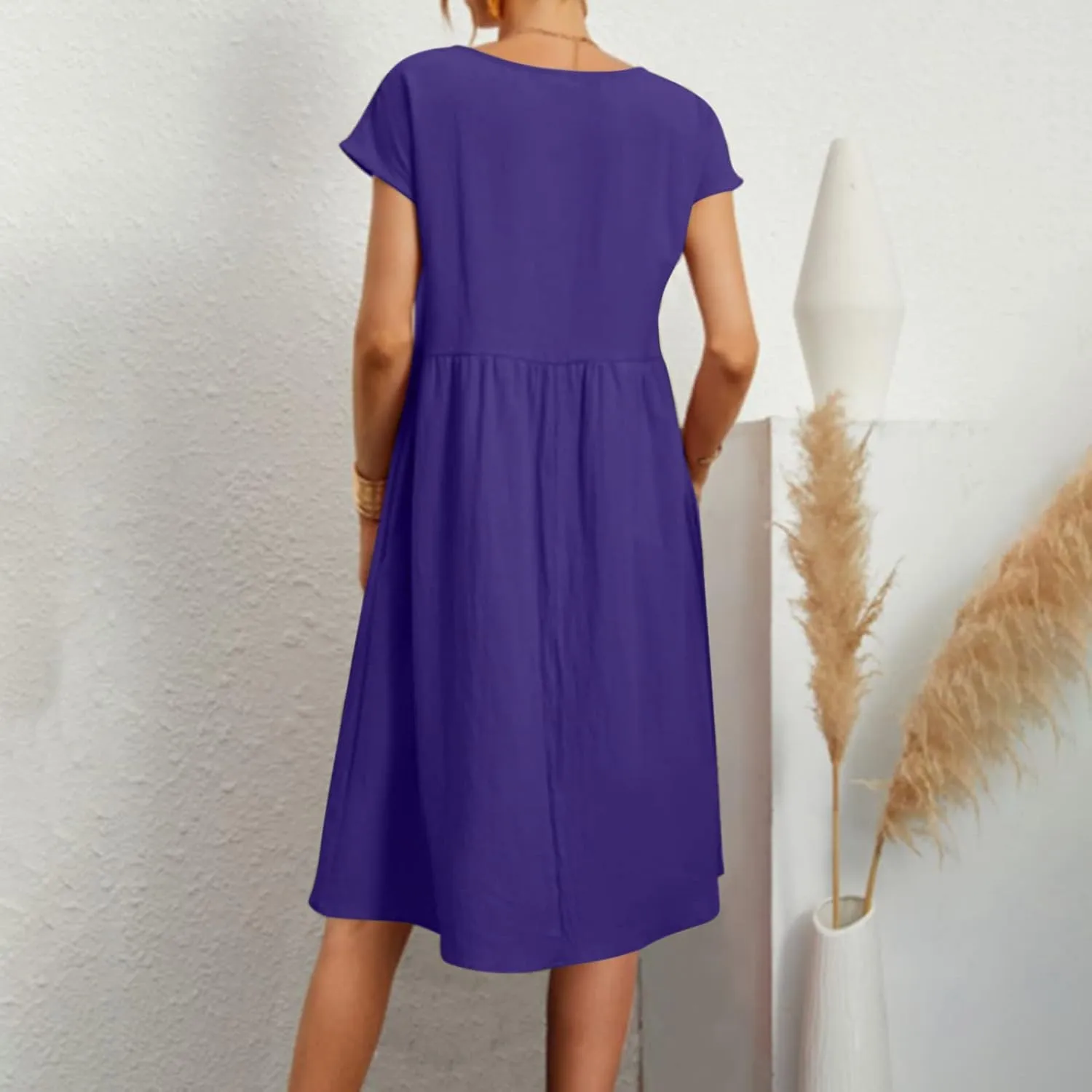 Women's Cotton Linen Dress Solid Color Crew Neck Short Sleeve Dresses Summer Beach Casual Fashion 2025 Midi Dress