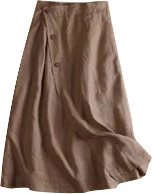 Womens Cotton Linen Skirts Elastic High Waist Front Button Swing A Line Midi Skirt Casual Summer Soft Beach Skorts