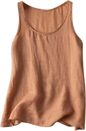 Womens Cotton Linen Sleeveless Camisole Tank Tops Basic Shirts Summer Casual Crewneck Blouses Loose T-Shirts Cami Top
