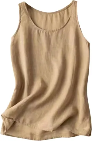 Womens Cotton Linen Sleeveless Camisole Tank Tops Basic Shirts Summer Casual Crewneck Blouses Loose T-Shirts Cami Top