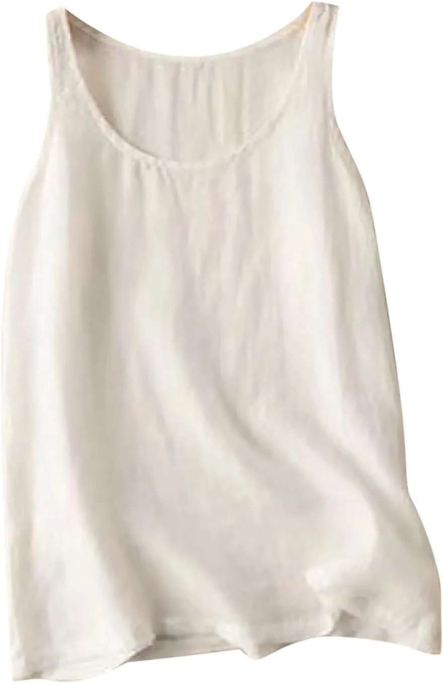 Womens Cotton Linen Sleeveless Camisole Tank Tops Basic Shirts Summer Casual Crewneck Blouses Loose T-Shirts Cami Top