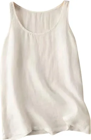 Womens Cotton Linen Sleeveless Camisole Tank Tops Basic Shirts Summer Casual Crewneck Blouses Loose T-Shirts Cami Top
