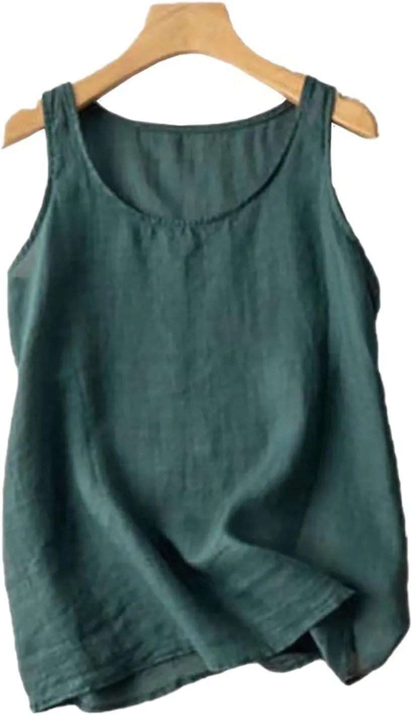 Womens Cotton Linen Sleeveless Camisole Tank Tops Basic Shirts Summer Casual Crewneck Blouses Loose T-Shirts Cami Top