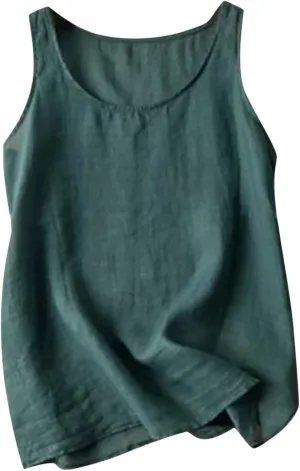 Womens Cotton Linen Sleeveless Camisole Tank Tops Basic Shirts Summer Casual Crewneck Blouses Loose T-Shirts Cami Top