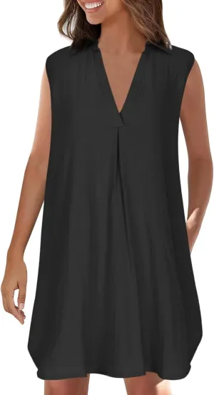 Womens Cotton Linen Sundress Summer Casual Short Sleeve Dresses Fashion Solid Color Loose V-Neck Pleated Dress