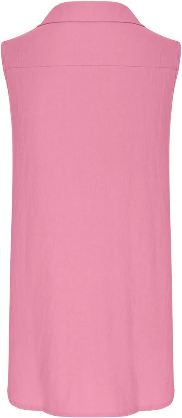 Womens Cotton Linen Sundress Summer Casual Short Sleeve Dresses Fashion Solid Color Loose V-Neck Pleated Dress
