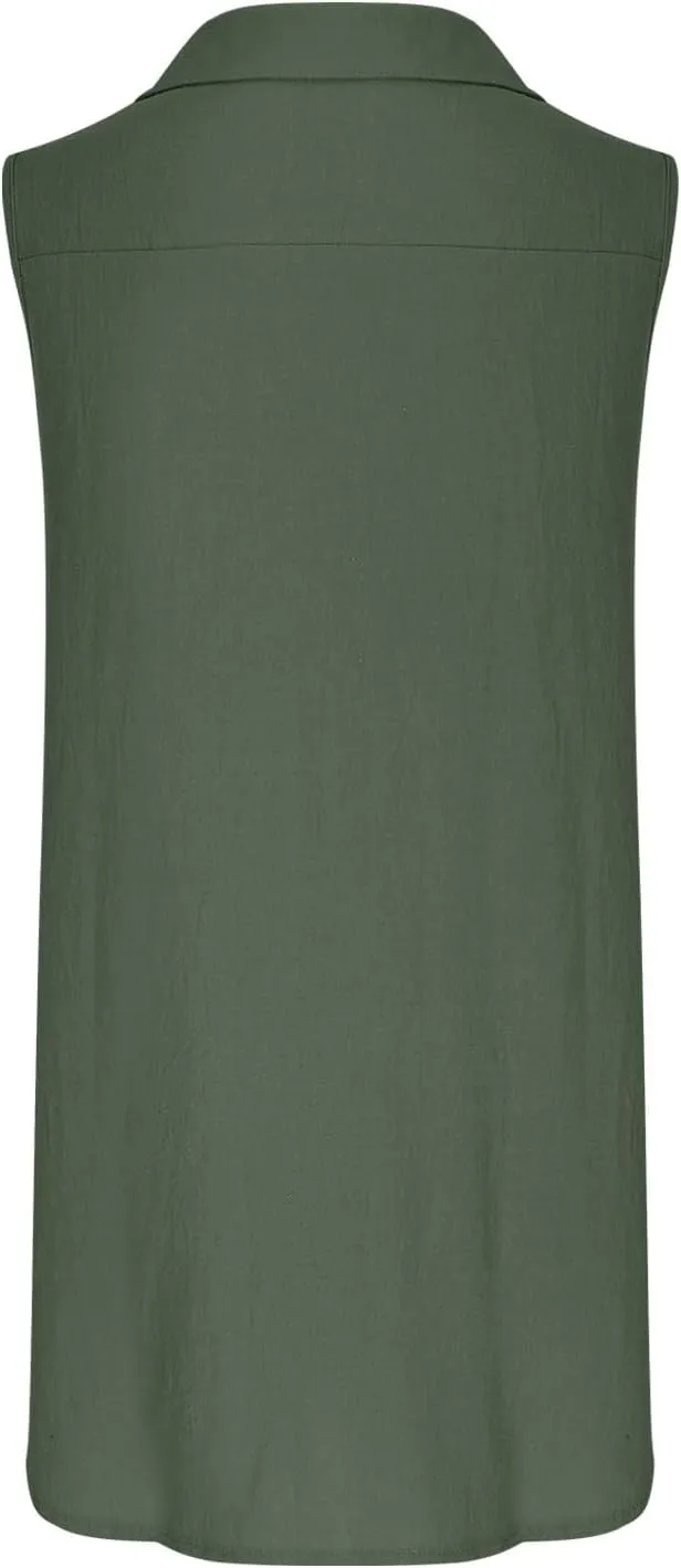Womens Cotton Linen Sundress Summer Casual Short Sleeve Dresses Fashion Solid Color Loose V-Neck Pleated Dress